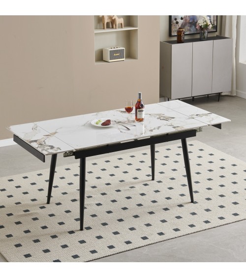 Tavolo allungabile Expandia con piano in ceramica e allunghe laterali effetto marmo bianco e gambe in metallo nero