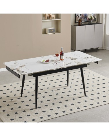 Tavolo allungabile Expandia con piano in ceramica e allunghe laterali effetto marmo bianco e gambe in metallo nero