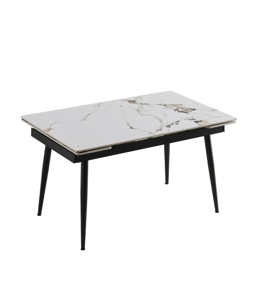 Tavolo allungabile Expandia con piano in ceramica e allunghe laterali effetto marmo bianco e gambe in metallo nero