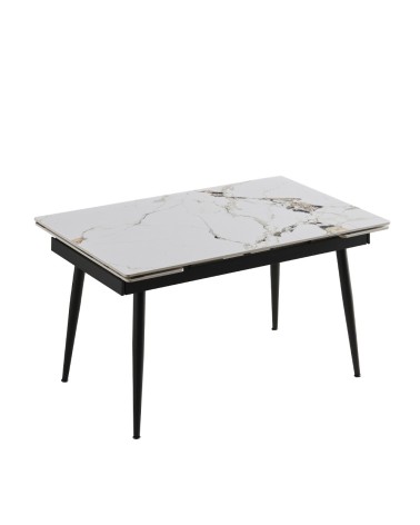 Tavolo allungabile Expandia con piano in ceramica e allunghe laterali effetto marmo bianco e gambe in metallo nero
