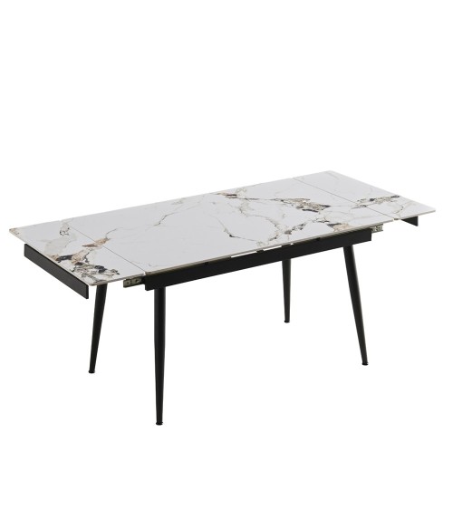 Tavolo allungabile Expandia con piano in ceramica e allunghe laterali effetto marmo bianco e gambe in metallo nero
