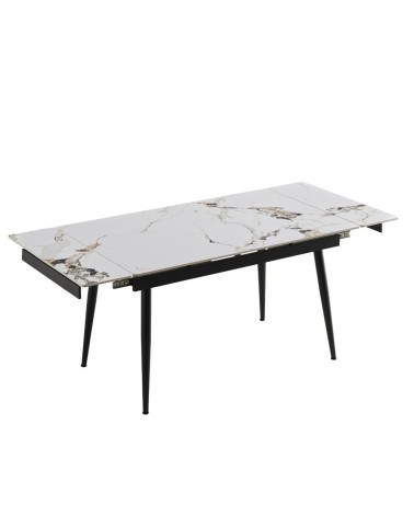 Tavolo allungabile Expandia con piano in ceramica e allunghe laterali effetto marmo bianco e gambe in metallo nero