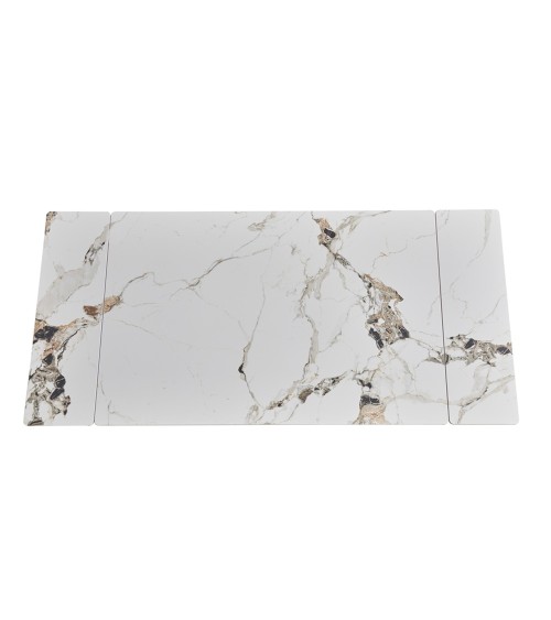 Tavolo allungabile Expandia con piano in ceramica e allunghe laterali effetto marmo bianco e gambe in metallo nero