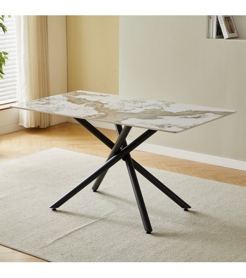 Tavolo rettangolare Linus2538 con piano in ceramica effetto marmo bianco Pandora brown lucido e struttura in metallo nero