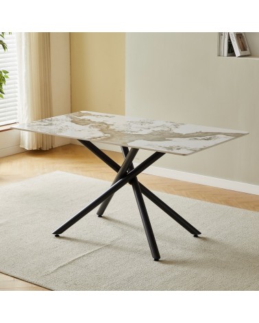 Tavolo rettangolare Linus2538 con piano in ceramica effetto marmo bianco Pandora brown lucido e struttura in metallo nero