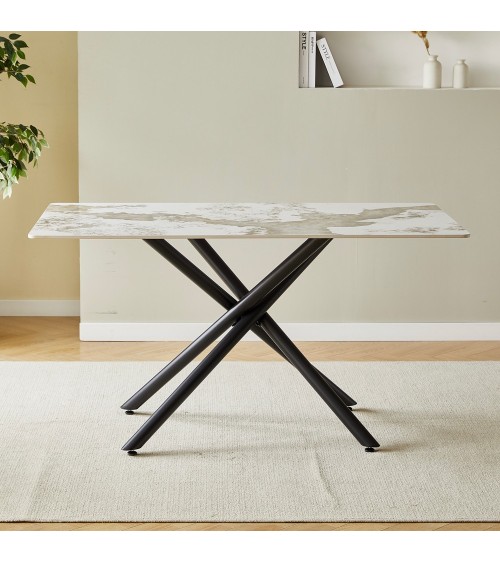 Tavolo rettangolare Linus2538 con piano in ceramica effetto marmo bianco Pandora brown lucido e struttura in metallo nero