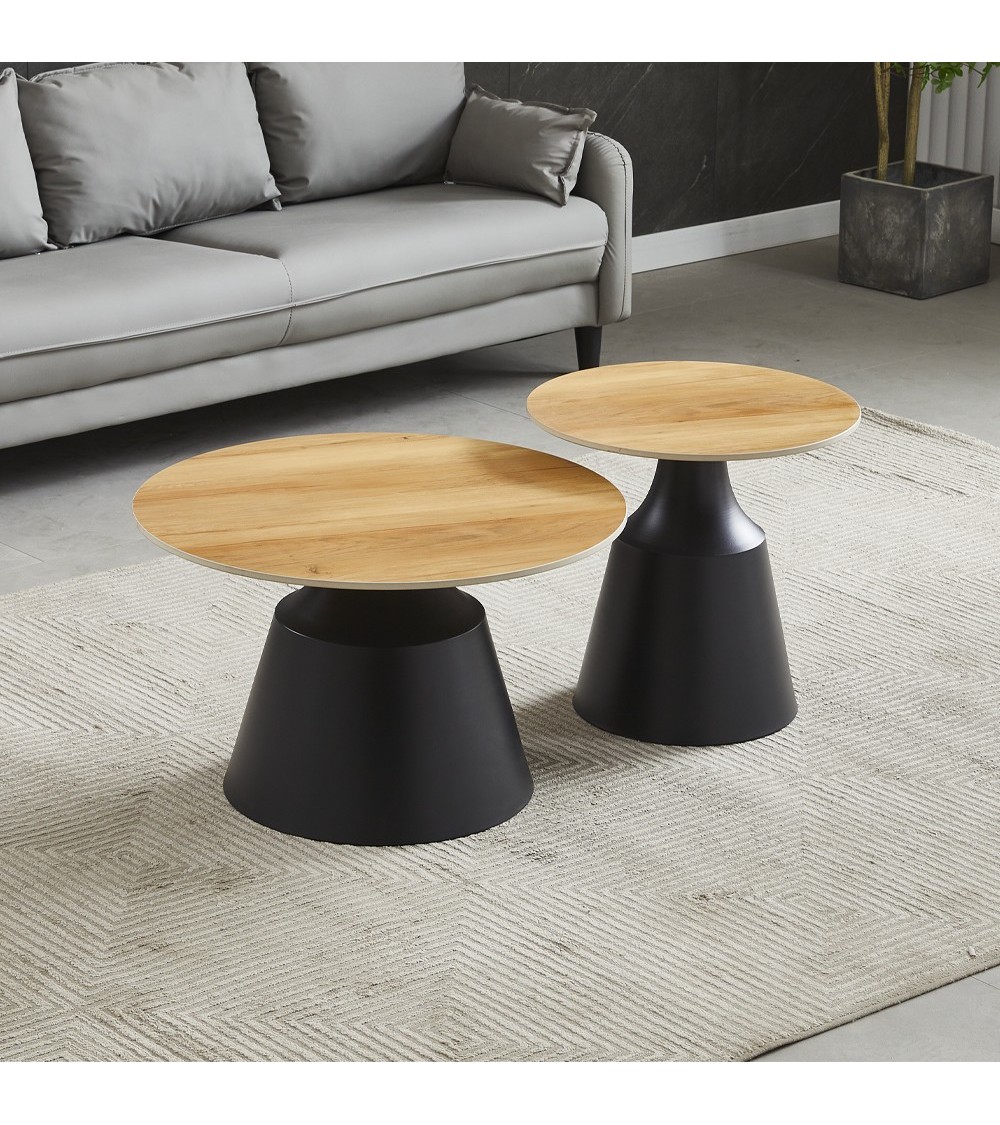 Set due tavolini da salotto rotondi Dual con piano rovere e struttura in metallo nero