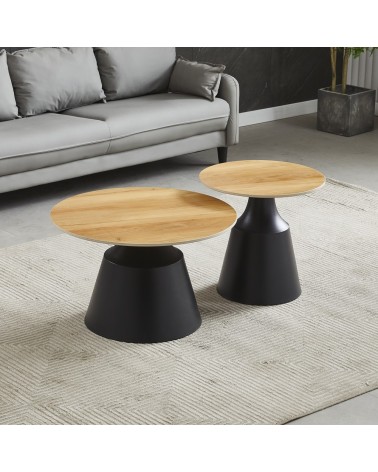 Set due tavolini da salotto rotondi Dual con piano rovere e struttura in metallo nero