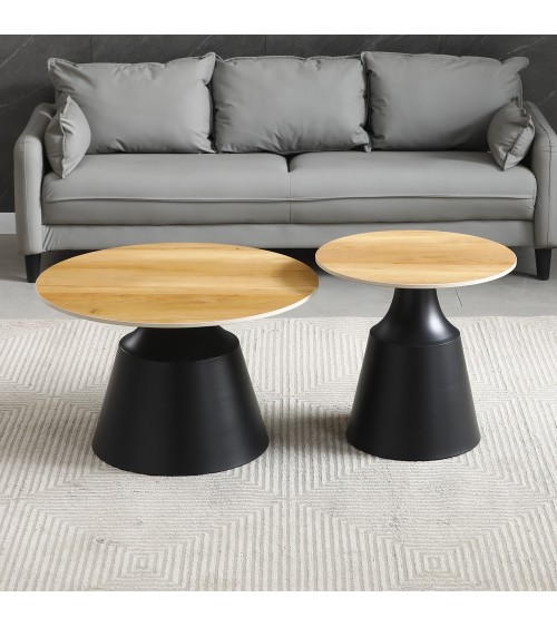 Set due tavolini da salotto rotondi Dual con piano rovere e struttura in metallo nero