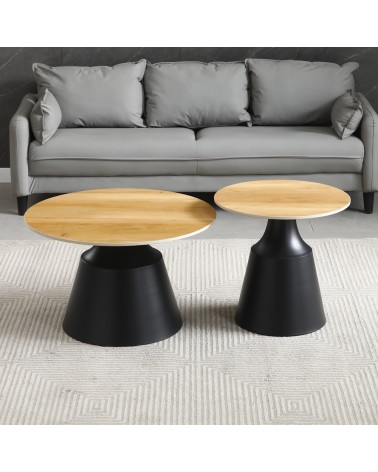 Set due tavolini da salotto rotondi Dual con piano rovere e struttura in metallo nero