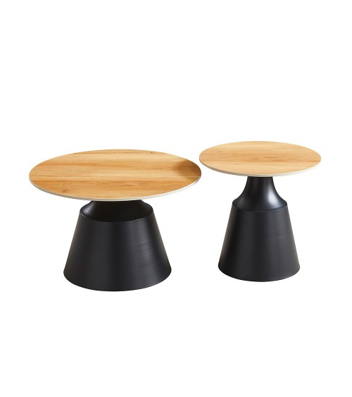 Set due tavolini da salotto rotondi Dual con piano rovere e struttura in metallo nero