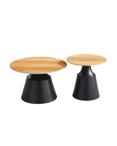 Set due tavolini da salotto rotondi Dual con piano rovere e struttura in metallo nero
