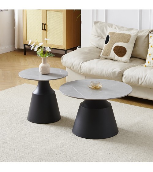Set due tavolini da salotto rotondi Dual con piano grigio opaco e struttura in metallo nero