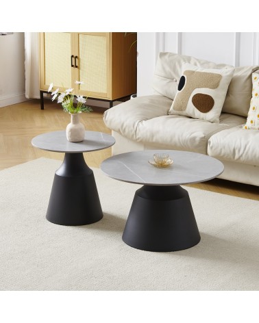 Set due tavolini da salotto rotondi Dual con piano grigio opaco e struttura in metallo nero
