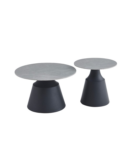 Set due tavolini da salotto rotondi Dual con piano grigio opaco e struttura in metallo nero