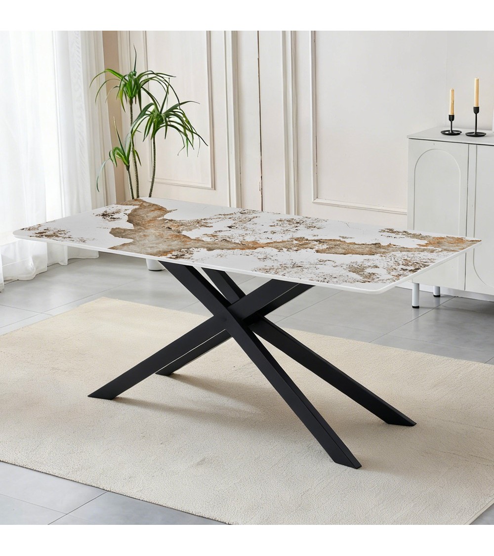 Tavolo rettangolare Star con piano in ceramica effetto marmo bianco pandora brown lucido e struttura in metallo nero