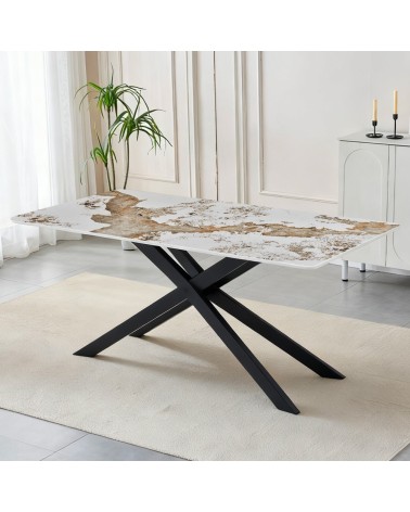 Tavolo rettangolare Star con piano in ceramica effetto marmo bianco pandora brown lucido e struttura in metallo nero