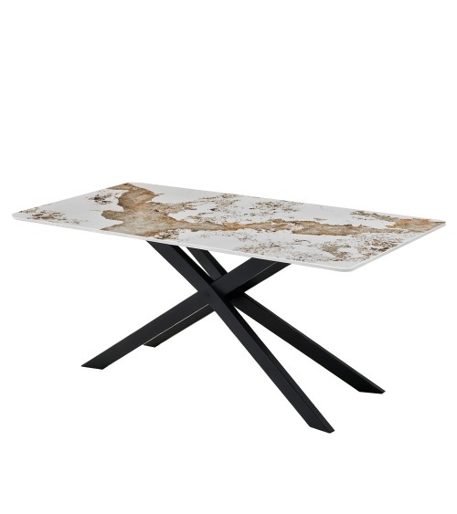 Tavolo rettangolare Star con piano in ceramica effetto marmo bianco pandora brown lucido e struttura in metallo nero