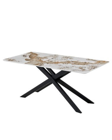 Tavolo rettangolare Star con piano in ceramica effetto marmo bianco pandora brown lucido e struttura in metallo nero