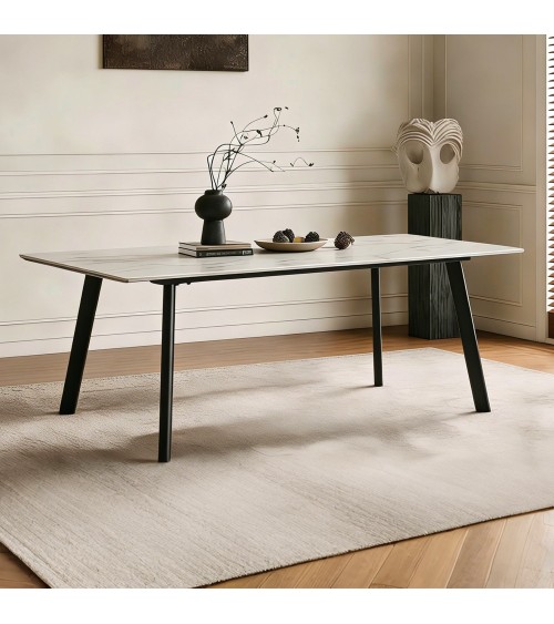 Tavolo rettangolare Imperial con piano in ceramica effetto marmo lucido bianco oro e gambe in metallo nero