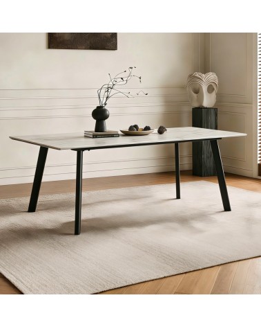 Tavolo rettangolare Imperial con piano in ceramica effetto marmo lucido bianco oro e gambe in metallo nero