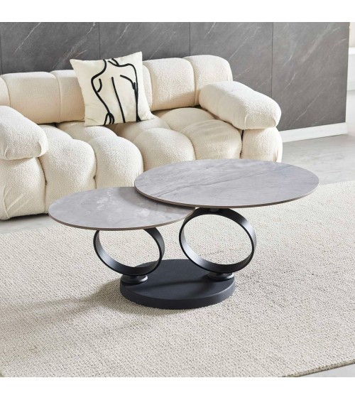Tavolino doppio Gleam con piano in ceramica grigio lucido e struttura in metallo nero