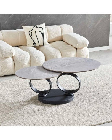 Tavolino doppio Gleam con piano in ceramica grigio lucido e struttura in metallo nero