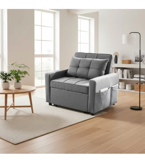 Poltrona letto Miray con schienale e seduta trapuntata in tessuto grigio