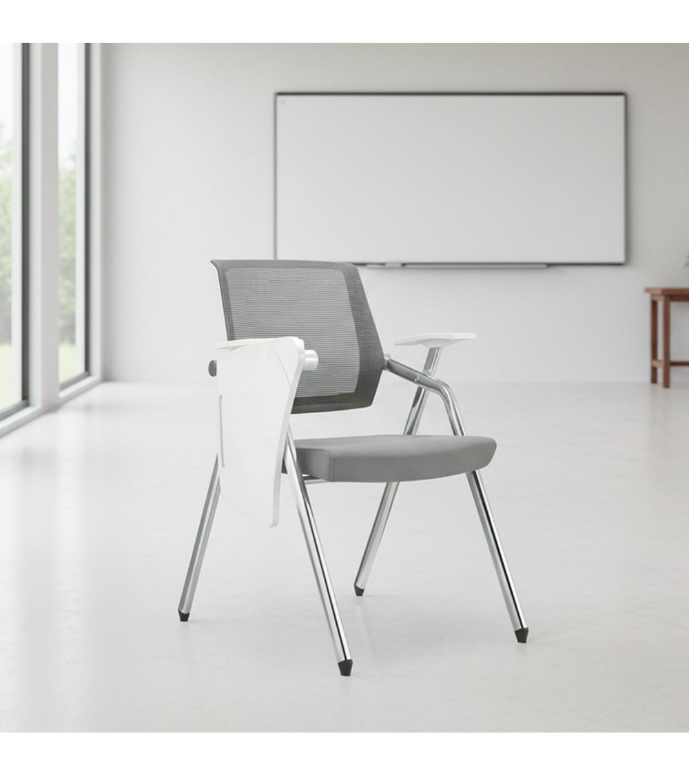 Sedia ufficio Loreto con tavolino ribaltabile, gambe in acciaio cromato e schienale in rete colore grigio e bianco