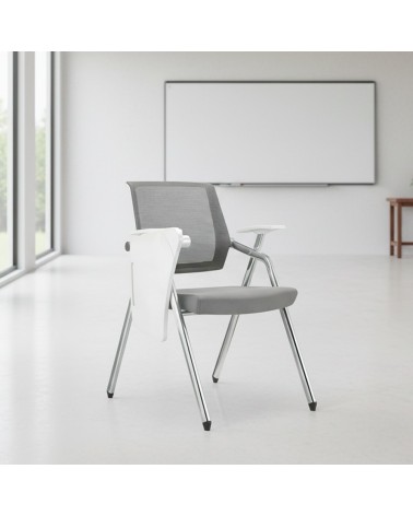 Sedia ufficio Loreto con tavolino ribaltabile, gambe in acciaio cromato e schienale in rete colore grigio e bianco