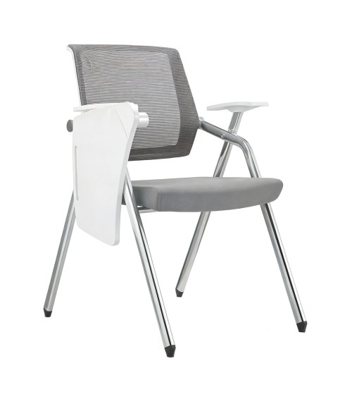 Sedia ufficio Loreto con tavolino ribaltabile, gambe in acciaio cromato e schienale in rete colore grigio e bianco