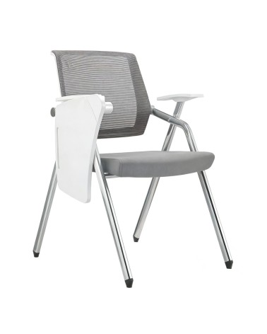 Sedia ufficio Loreto con tavolino ribaltabile, gambe in acciaio cromato e schienale in rete colore grigio e bianco