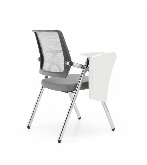 Sedia ufficio Loreto con tavolino ribaltabile, gambe in acciaio cromato e schienale in rete colore grigio e bianco