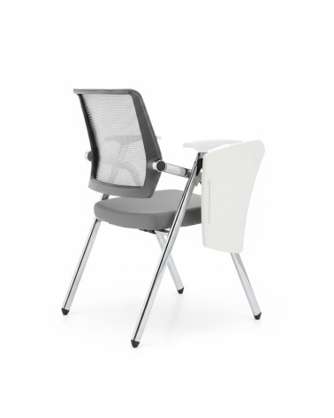 Sedia ufficio Loreto con tavolino ribaltabile, gambe in acciaio cromato e schienale in rete colore grigio e bianco