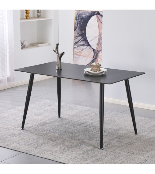 Tavolo fisso Kilo 140x80 cm. con piano in ceramica effetto marmo nero con venature oro opaco e gambe nere
