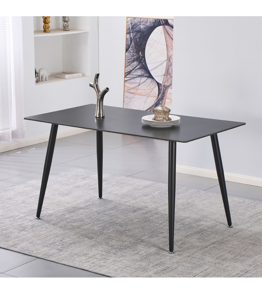Tavolo fisso Kilo 140x80 cm. con piano in ceramica effetto marmo nero con venature oro opaco e gambe nere