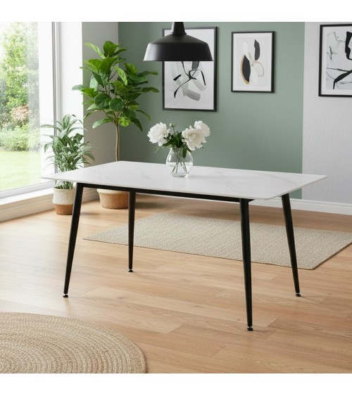 Tavolo fisso Kilo 160x90 cm. con piano in ceramica effetto marmo bianco opaco e gambe nere