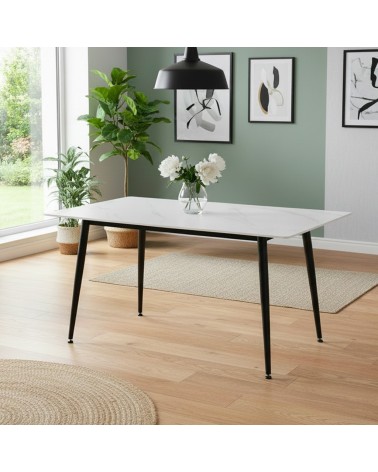 Tavolo fisso Kilo 160x90 cm. con piano in ceramica effetto marmo bianco opaco e gambe nere