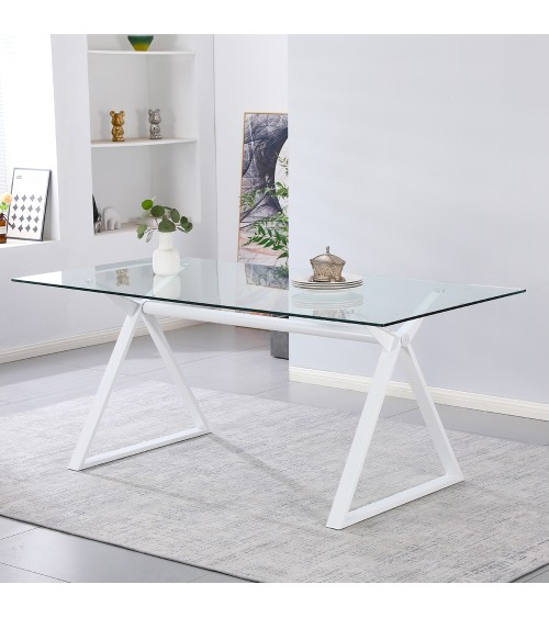 Tavolo fisso Skylar 150x90 cm. con piano in vetro temperato e gambe bianche