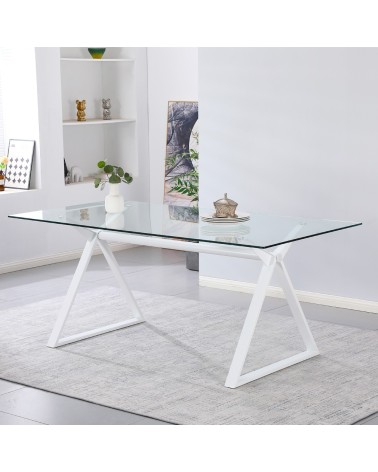 Tavolo fisso Skylar 150x90 cm. con piano in vetro temperato e gambe bianche