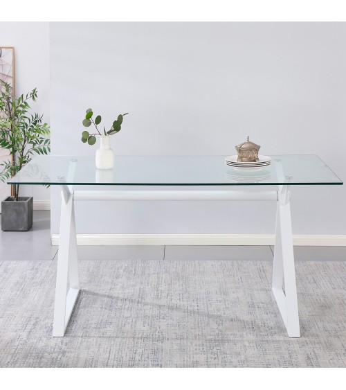 Tavolo fisso Skylar 150x90 cm. con piano in vetro temperato e gambe bianche