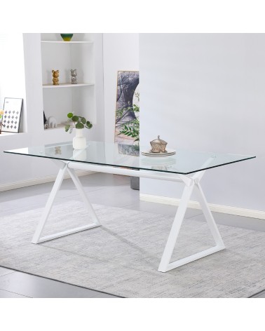 Tavolo fisso Skylar 180x90 cm. con piano in vetro temperato e gambe bianche
