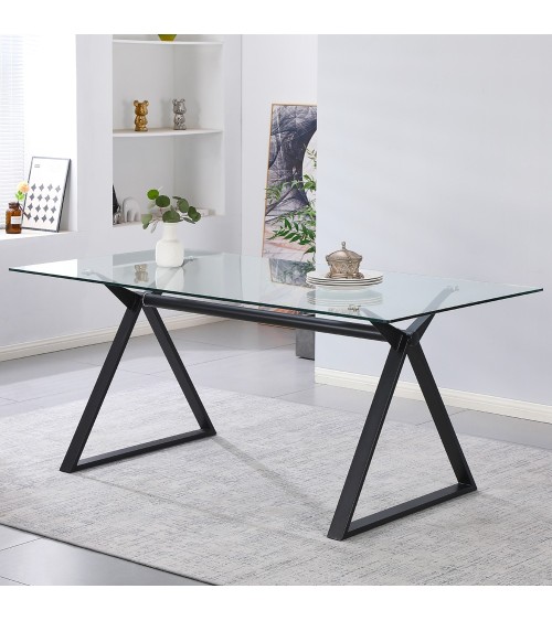 Tavolo fisso Skylar 180x90 cm. con piano in vetro temperato e gambe nere