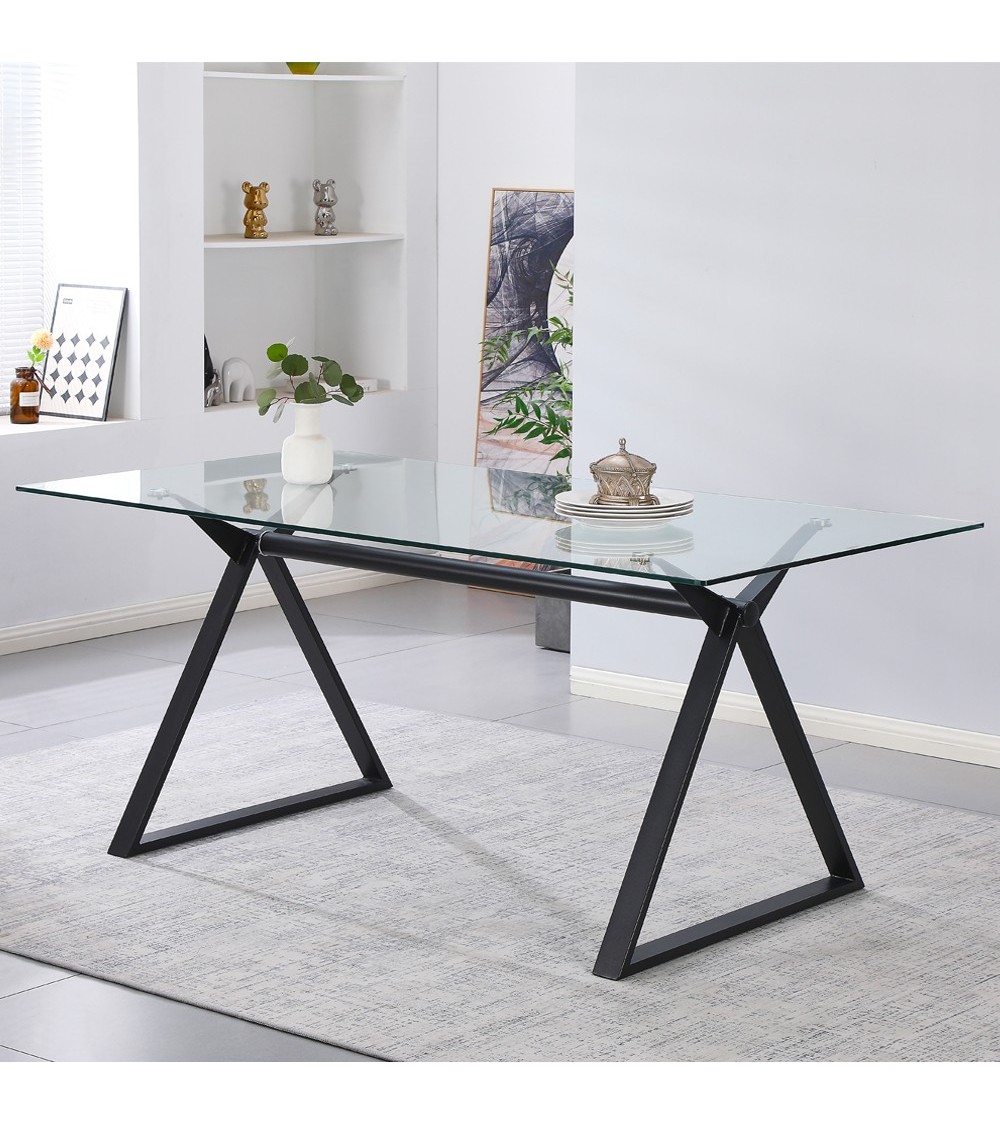 Tavolo fisso Skylar 180x90 cm. con piano in vetro temperato e gambe nere