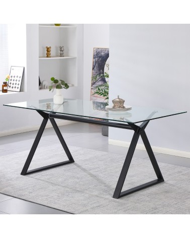 Tavolo fisso Skylar 180x90 cm. con piano in vetro temperato e gambe nere