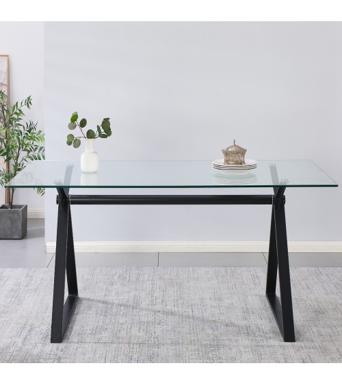 Tavolo fisso Skylar 180x90 cm. con piano in vetro temperato e gambe nere