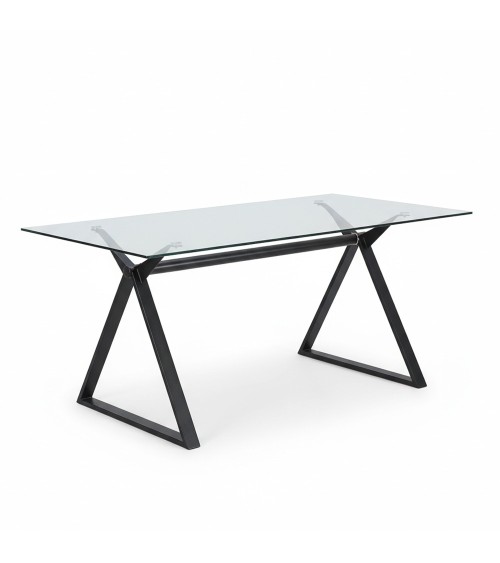 Tavolo fisso Skylar 180x90 cm. con piano in vetro temperato e gambe nere