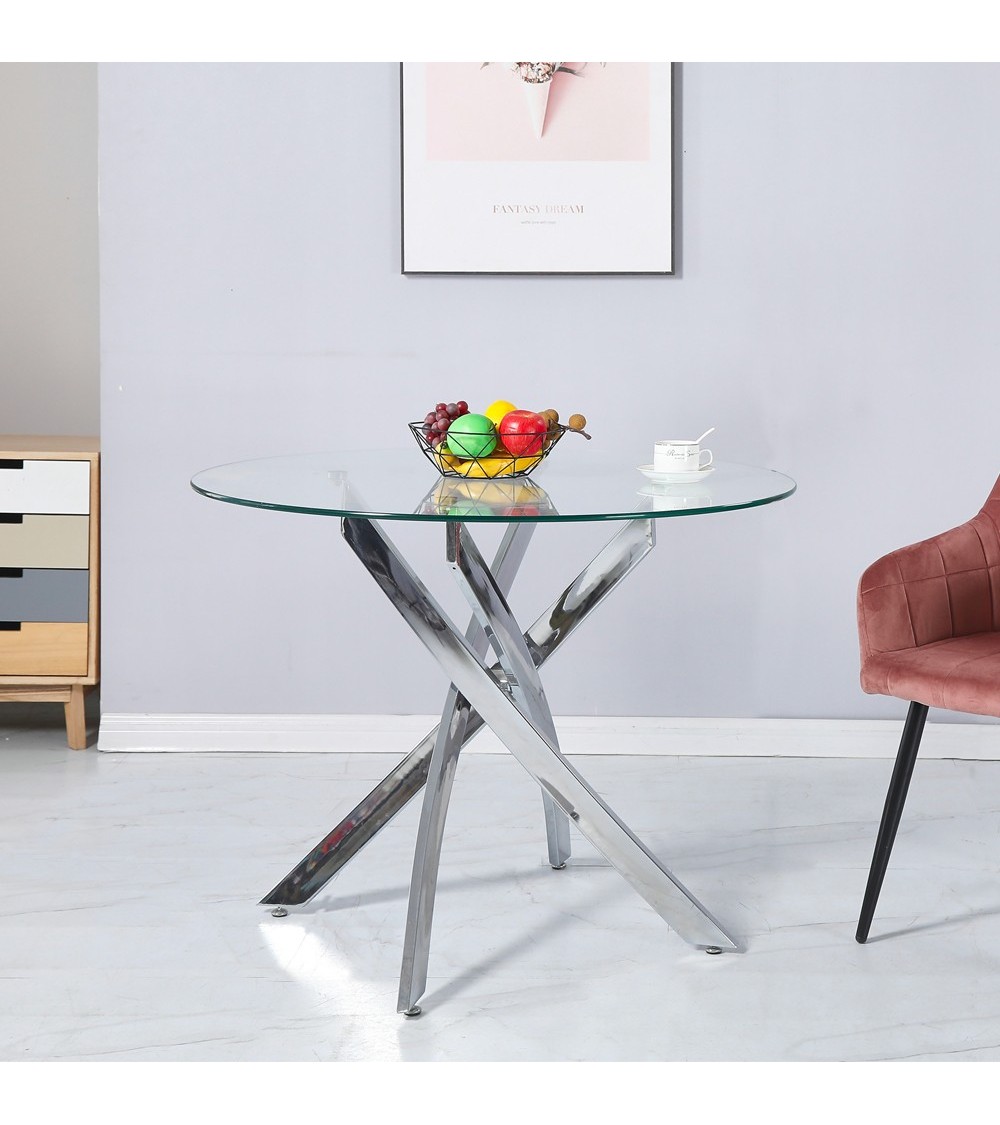 Tavolo da pranzo tondo fisso Peyton con piano in vetro temperato e gambe cromate 100x100 cm.