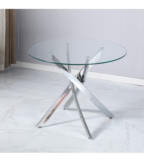 Tavolo da pranzo tondo fisso Peyton con piano in vetro temperato e gambe cromate 100x100 cm.