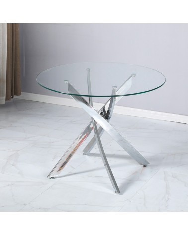 Tavolo da pranzo tondo fisso Peyton con piano in vetro temperato e gambe cromate 100x100 cm.